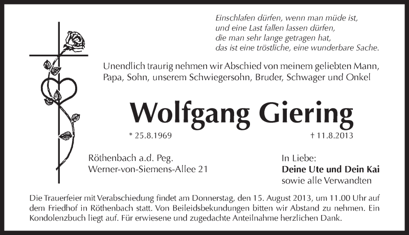  Traueranzeige für Wolfgang Giering vom 14.08.2013 aus Pegnitz-Zeitung